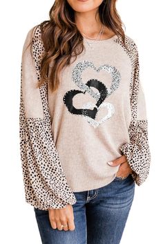 Leopard Heart Color Block Long Sleeve Pullover Oversized Long Sleeve Top With Heart Graphic, Cute Beige Winter Tops, Cute Fall Tops With Heart Graphic, Cute Heart Graphic Tops For Fall, Trendy Long Sleeve Top With Heart Print, Long Sleeve Tops With Heart Print For Spring, Cute Heart Print Tops For Winter, Winter Heart Print Tops, Cute Heart Print Tops For Fall