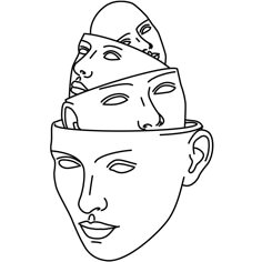 a black and white line drawing of three heads stacked on top of each other, with one man's face in the middle