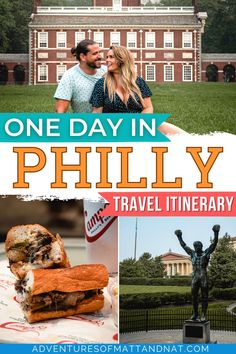 the cover of one day in phily travel itinerary with images of people and buildings