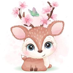 a cute little deer with pink flowers on its head sitting next to a flowery branch