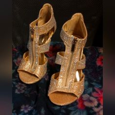 These Beautiful Glitter Stilettos Are Barely Used, Bought Brand New, And Worn Once! Gold Sequin High Heels, Glamorous Gold Sequined Heels, Cheap Gold Heels With 4-inch Heel, Gold Mules With 4-inch Heel For Party, Gold Ankle-high Heels With 4-inch Heel, Silver Slippers, Gold Glitter Heels, Glitter Stilettos, Glitter Heels