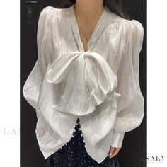 Lasaky - Irregular Design Bow Knot Shirt with Belted Silhouette Knot Shirt, Bow Tie Shirt, Silk Blouses, Cardigan Outfits, Spring Fabric, Style Cardigan, Chiffon Shirt, Fall Shirts, Silk Shirt