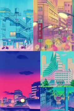 four different colored images of city buildings and street lights at night, with the sun going down