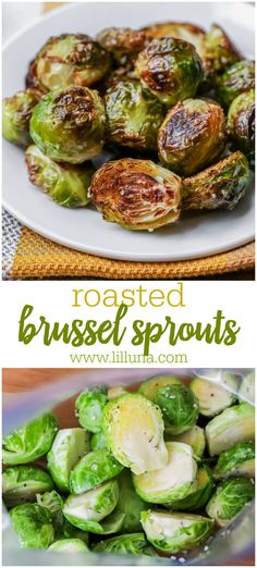 roasted brussel sprouts on a white plate with text overlay that reads roasted brussel sprouts