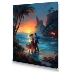 a painting of a couple dancing on the beach at sunset with palm trees in the background