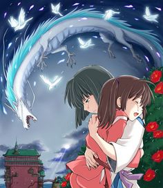 two girls hugging each other in front of a dragon and flower filled sky with red roses