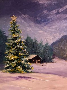 a painting of a snowy landscape with a christmas tree in the foreground and a cabin in the background