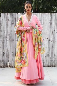 Shop for Nikasha Pink Cotton Angrakha Kurta With Printed Dupatta for Women Online at Aza Fashions Angarkha Anarkali, Yellow Dupatta, Apple Cut, Brocade Skirt, Embellished Neckline, Printed Dupatta, Embroidered Dupatta, Embroidery Patches, Vintage Roses