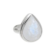 Fine quality sterling silver ring features a gorgeous rainbow moonstone teardrop cabochon with beautiful flash. Ring has an open back setting and is packaged with an anti-tarnish strip to maintain long-lasting shine. Size 8. Elegant Teardrop Moonstone Ring, Elegant White Teardrop Moonstone Ring, Adjustable Teardrop Moonstone Ring In Sterling Silver, Handmade Moonstone Teardrop Ring, White Pear-shaped Moonstone Jewelry, Silver Teardrop Nickel-free Rings, Sterling Silver Teardrop Rings, Silver Teardrop Cabochon Rings, Silver Nickel-free Teardrop Rings