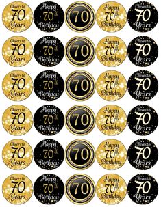 happy 70th birthday badges with gold glitter