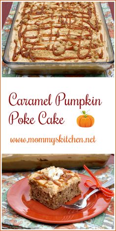 caramel pumpkin poke cake on a red plate