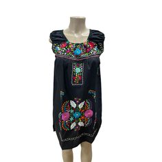 Gorgeous Mexican Dress With Multicolor Floral Embroidery Made By Hand! Elastic Neckline And Sleeves, Super Cute Off-Shoulder Style! Design And Color Of Embroidery May Vary With Every Dress. Black Folk Style Summer Dress, Black Folk Embroidered Summer Dress, Black Embroidered Dress For Spring, Traditional Black Spring Dresses, Traditional Black Dress With Embroidered Neckline, Black Bohemian Embroidered Dress With Geometric Pattern, Black Bohemian Embroidered Sleeveless Dress, Black Embroidered Dress For Summer, Black Folk Dress With Floral Embroidery