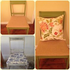 four pictures of different chairs with pillows on them and one has a flowered pillow