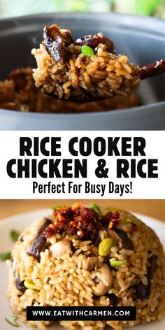 rice cooker chicken and rice perfect for busy days with text overlay that reads rice cooker chicken and rice perfect for busy days