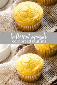 butternut squash cornbread muffins are sitting on a burlied cloth