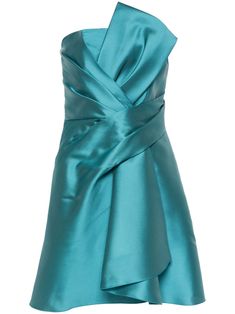 turquoise blue satin weave bustier-style neckline strapless pleat detailing oversize bow detail draped detailing two side inset pockets internal logo tag partial lining thigh-length straight hem concealed side zip fastening