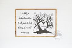 a framed wall hanging with a tree on it's side and the words, one faith is