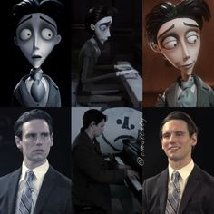 four different pictures of the same person in suits and ties, one with an evil look on his face