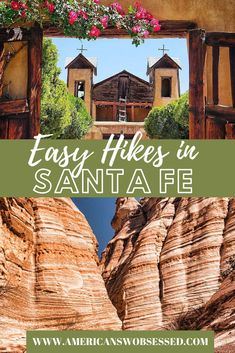 an open window with the words easy hikes in santa fe on it and flowers growing out