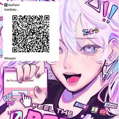 a girl with white hair and blue eyes is looking at the qr code on her phone