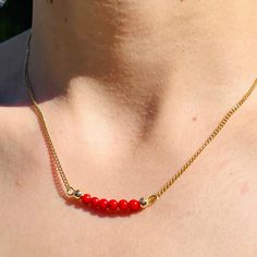 In this necklace, six natural red coral stones are arranged on a 14k gold hypoallergenic steel chain. It is great for daily use with its simple and minimal style and 2mm small stones. It is also striking with its red color. 🌹 Chain is 14k gold stainless steel 🌹 Does not contain nicke 🌹 Hypoallergenic 🌹Stone Size: 2 mm 📐SIZE Necklace Length 45 cm / 17.7 inch excluding extender chain Please contact me if you need a different length! 🍀You can combine multi-purpose bracelets with any color and Gift Beaded Necklace With Red Coral And Lobster Clasp, Red Coral Necklaces For Gifts, Red Coral Necklace With Lobster Clasp For Gift, Red Coral Necklace With Lobster Clasp As Gift, Coral Necklace With Gemstone Beads For Gift, Coral Gemstone Beads Necklace For Gift, Gift Red Coral Gemstone Beads Necklace, Red Coral Gemstone Beads Necklace As Gift, Red Coral Gemstone Beads Necklace For Gift