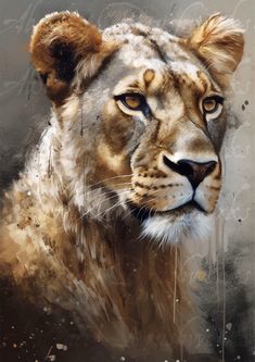 a painting of a lion looking at the camera