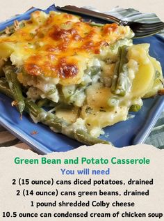 green bean and potato casserole on a blue plate