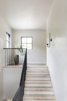 there is a white staircase with black handrails and a plant on the wall