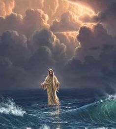 jesus walking on the water with clouds in the background and words below it that read, help is on the way