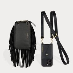 Hailey Fringe Pouch Set - Black/Gold Modern Pouch Phone Bag For On-the-go, Minimalist Black Wallet For Travel, Minimalist Black Travel Wallet, Minimalist Black Travel Wallets, Chic Wallet With Cell Phone Pocket For Travel, Chic Travel Wallet With Cell Phone Pocket, Luxury Black Phone Bag With Detachable Strap, Luxury Wallet With Mobile Phone Holder, Modern Black Wallet With Detachable Strap