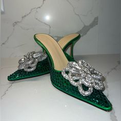 Mach & Mach Carrie Crystal Embellished 85 Mm Mules Mildly Used Size 6 No Box Green Rhinestone Heels For Wedding, Green Rhinestone Wedding Heels, Green Embellished Heels For Evening, Embellished Green Heels For Evening, Formal Green Heels With Rhinestones, Glamorous Green Heels With Rhinestones, Glamorous Green Embellished Heels, Designer Green Heels For Wedding, Green Rhinestone Heels