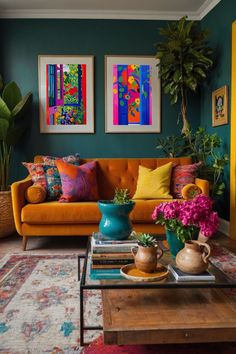 a living room filled with furniture and colorful paintings