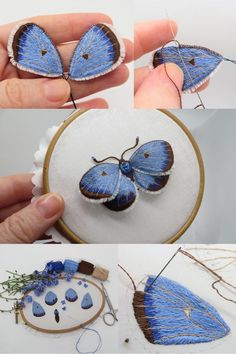 three pictures showing how to make a blue butterfly ornament with thread and scissors