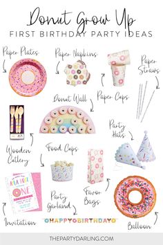 A collage of donut party supplies and decorations for a donut birthday party. From pink donut plates to a pattern of donut napkins, cups, and favor bags, and colorful sprinkle straws and party hats, you'll be able to decoration a fabulous donut party. Don't forget to add a rainbow donut wall so guests can enjoy delicious donuts. Donut Wall 1st Birthday, Donut Buffet Table, First Donut Birthday Party, Simple Donut Party Decor, Doughnut First Birthday, Sweet One Donut First Birthday Decorations, Donut Birthday Party Backdrop, Donut First Birthday Party Decorations, Donut Ever Grow Up Party