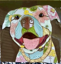 a close up of a dog with flowers on it's face and mouth, painted in acrylic paint