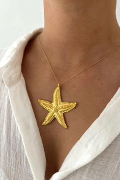 Large gold plated starfish on thing gold filled chain, 18in long Jewelry Care: Avoid Contact with moisture, lotions & perfumes Remove before showering & swimming FINAL SALE: no refunds or exchanges Yellow Gold Starfish Charm Necklace For Beach, Yellow Gold Necklace With Starfish Charm For Beach, Yellow Gold Starfish Necklace As Gift, Gold Necklace With Starfish Charm For Gift, Denim Jumpsuit Overalls, Shoe Warehouse, Starfish Necklace, Cardigan Sweater Dress, Swim Accessories