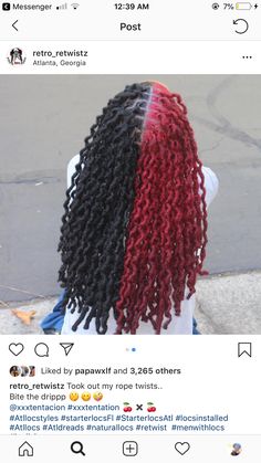 Half And Half Hair Color Locs, Half Dyed Locs Black Women, Dreads Color Ideas Locs For Women, Red And Blonde Locs, Dark Red Locs, Dyed Microlocs, Half Dyed Locs