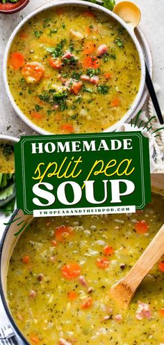 Learn how to make this Split Pea Soup recipe for your weekend dinner ideas! This homemade soup recipe is filled with vegetables and herbs, and it’s flavored with savory leftover ham! Pin this one-pot dish! Weekend Dinner Ideas, Split Pea Soup Crockpot, Ham Soup Recipes, Ham Soup