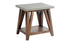 an end table with two wooden legs and a grey top