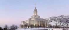 a large building with a tall steeple on top of it's side in the snow