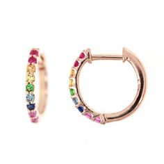 Rainbow Sapphire Huggie Earrings, Multi Colored Sapphire Hoop Earrings, Rainbow Huggie Hoop Earrings, Colorful Huggie Hoops, Gift for her Rainbow Hoop Earrings For Pierced Ears, Multicolor Huggie Hoop Earrings, Trendy Rainbow Hoop Earrings, Rainbow Small Hoop Earrings With Colorful Beads, Rainbow Hypoallergenic Hoop Earrings, Gold Initial Ring, Rainbow Sapphires, Classic Earrings, Rainbow Earrings