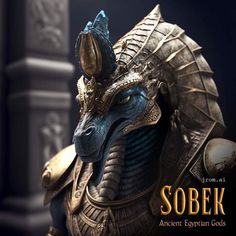 an ancient egyptian gads statue with the words sobekk in gold and blue