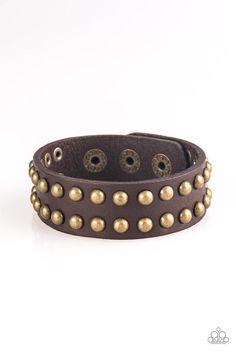 Rows of burnished brass studs are encrusted along the front of a brown leather band for a rugged look. Features an adjustable snap closure. Sold as one individual bracelet. Brown Leather Bracelet, Brown Bracelet, Burnished Brass, Rugged Look, Leather Art, Paparazzi Accessories, Exclusive Jewelry, Paparazzi Jewelry, Fashion Story