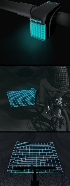 three different angles of a bike in the dark with blue light coming from it's front wheel