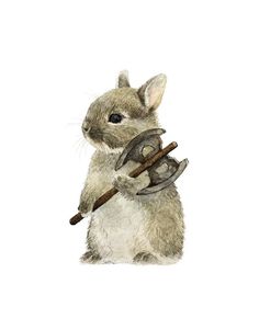 a watercolor painting of a rabbit holding a hatchet and an umbrella in its paws