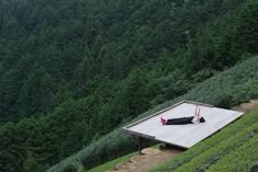 a man laying on top of a wooden platform in the middle of a lush green forest