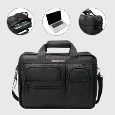 an image of a laptop bag with different compartments and features on the front, side, and back