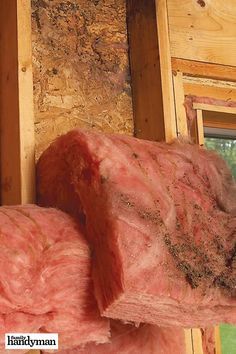 two pieces of meat sitting on top of each other in a room with wood framing