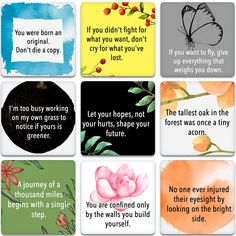 six square cards with different sayings and flowers on them, each one has an image of a butterfly