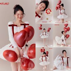 the girl is posing with balloons in her hands